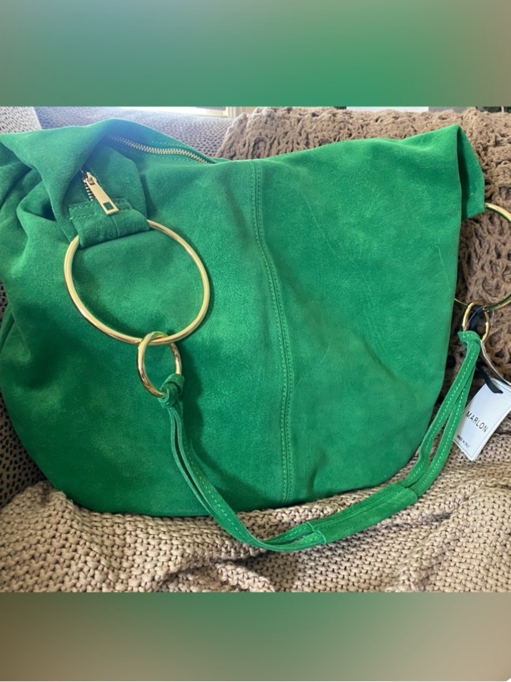 Free People Marlon Green Suede Hobo Bag with Gold Rings